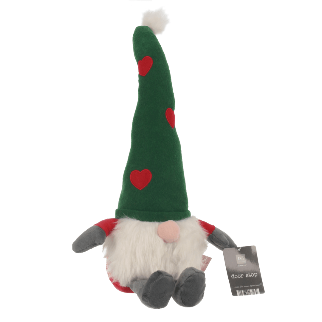 christmas gonk door stopper featuring green hat with red embroidered hearts