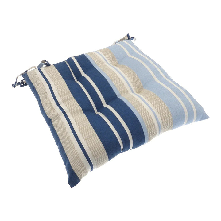 Blue and grey striped upholstered chair cushion with ties to secure to furniture