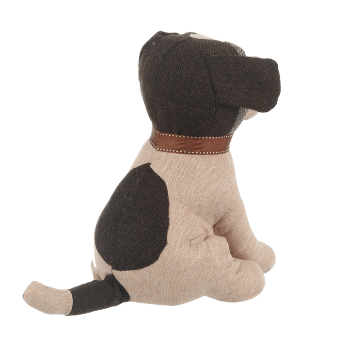 back view of beige colour jack russell door stop with brown herringbone tail and back