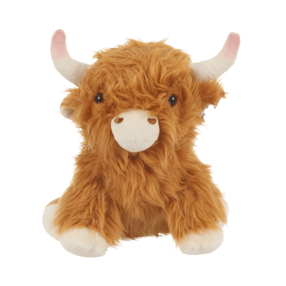 front view of highland cow door stop with brown hair and plush horns