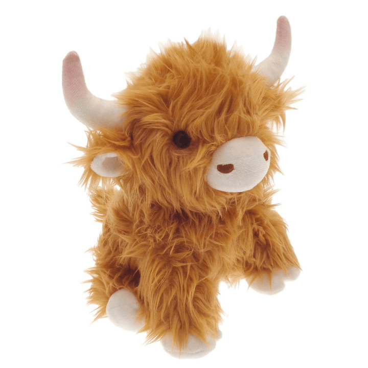 main view of highland cow door stop with brown hair, plush feet, horns and nose detail