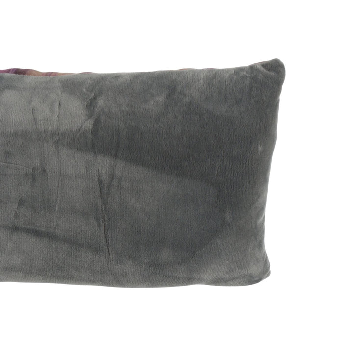 reverse view of fleecy draught excluder with grey solid back on white background