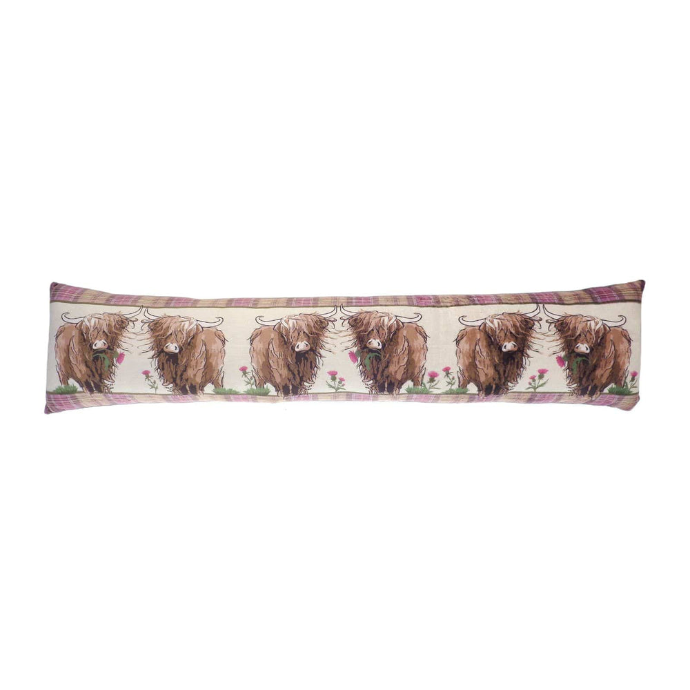 draught exclusider featuring 6 highland cows, 3 holding thistles and purple tartan edge on white background