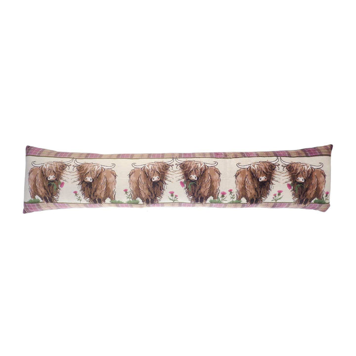 draught exclusider featuring 6 highland cows, 3 holding thistles and purple tartan edge on white background