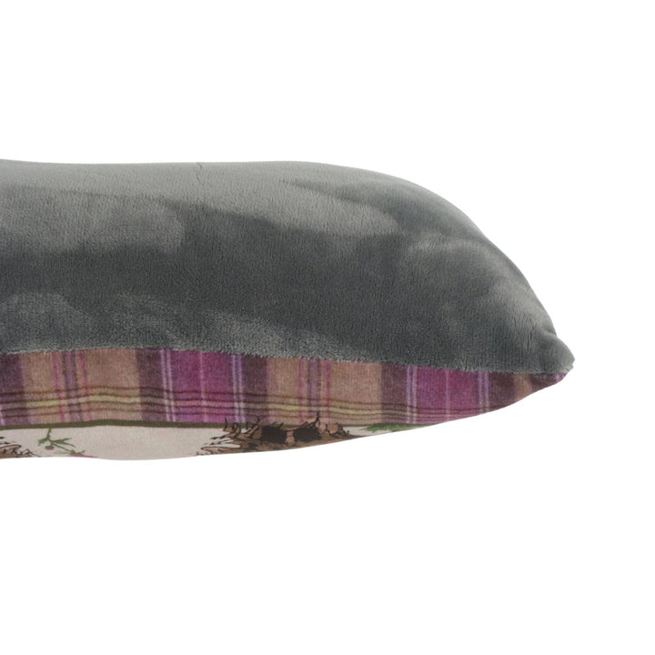 side view of draught excluder with grey side and plaid pattern front on a white background