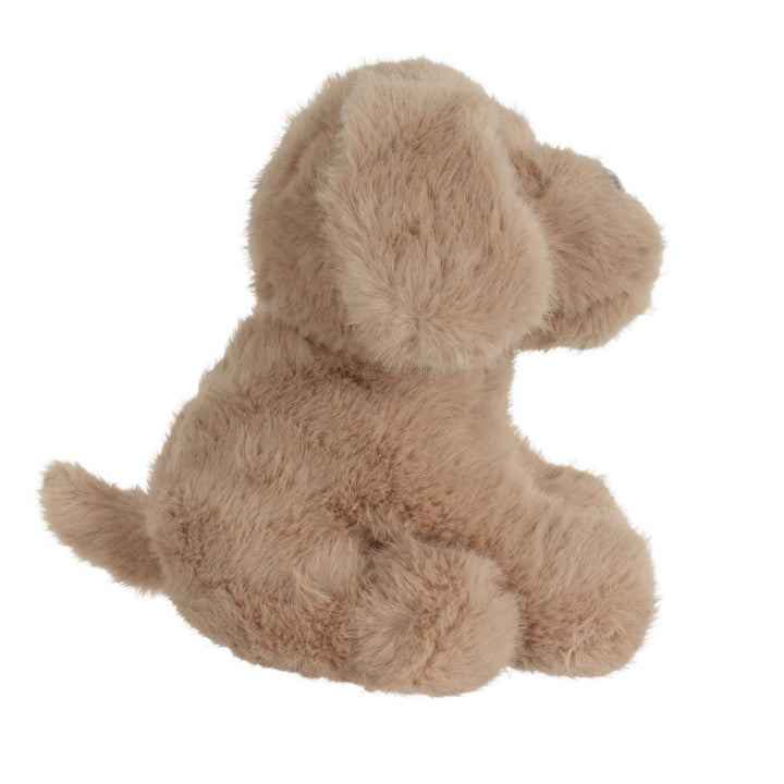 side view of dog door stop with golden fluffy tail and floppy ears