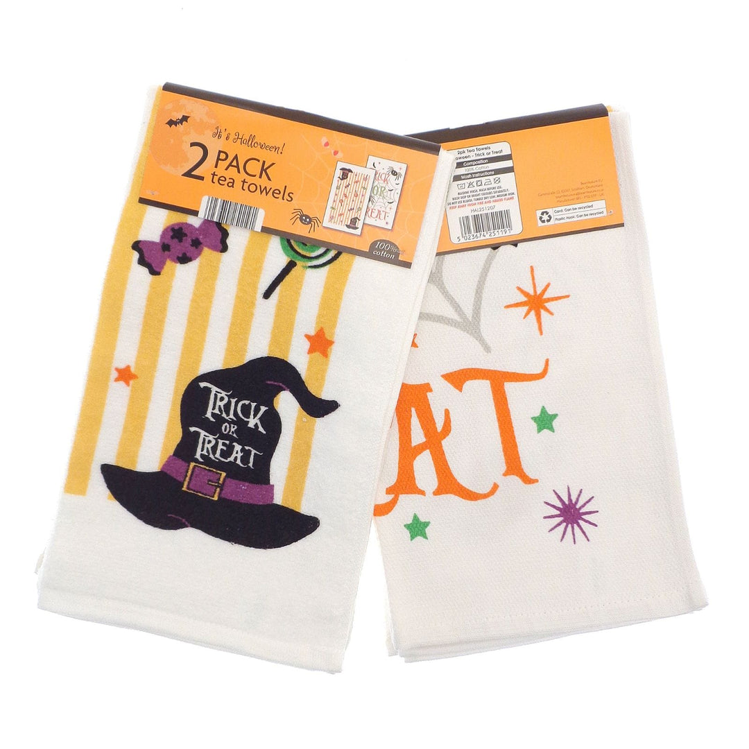 A 2-pack of Halloween-themed tea towels on a white background. One towel features a yellow and white striped background with a black witch hat graphic and the words 'Trick or Treat' in white.