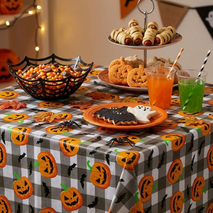 A Halloween-themed table covered with a gray-and-white checkered tablecloth printed with orange pumpkins, black spiders, bats, and ghosts. On the table are candy corn in a spiderweb bowl, mummy rolls on a serving stand, cookies, drinks, and small Halloween decorations.