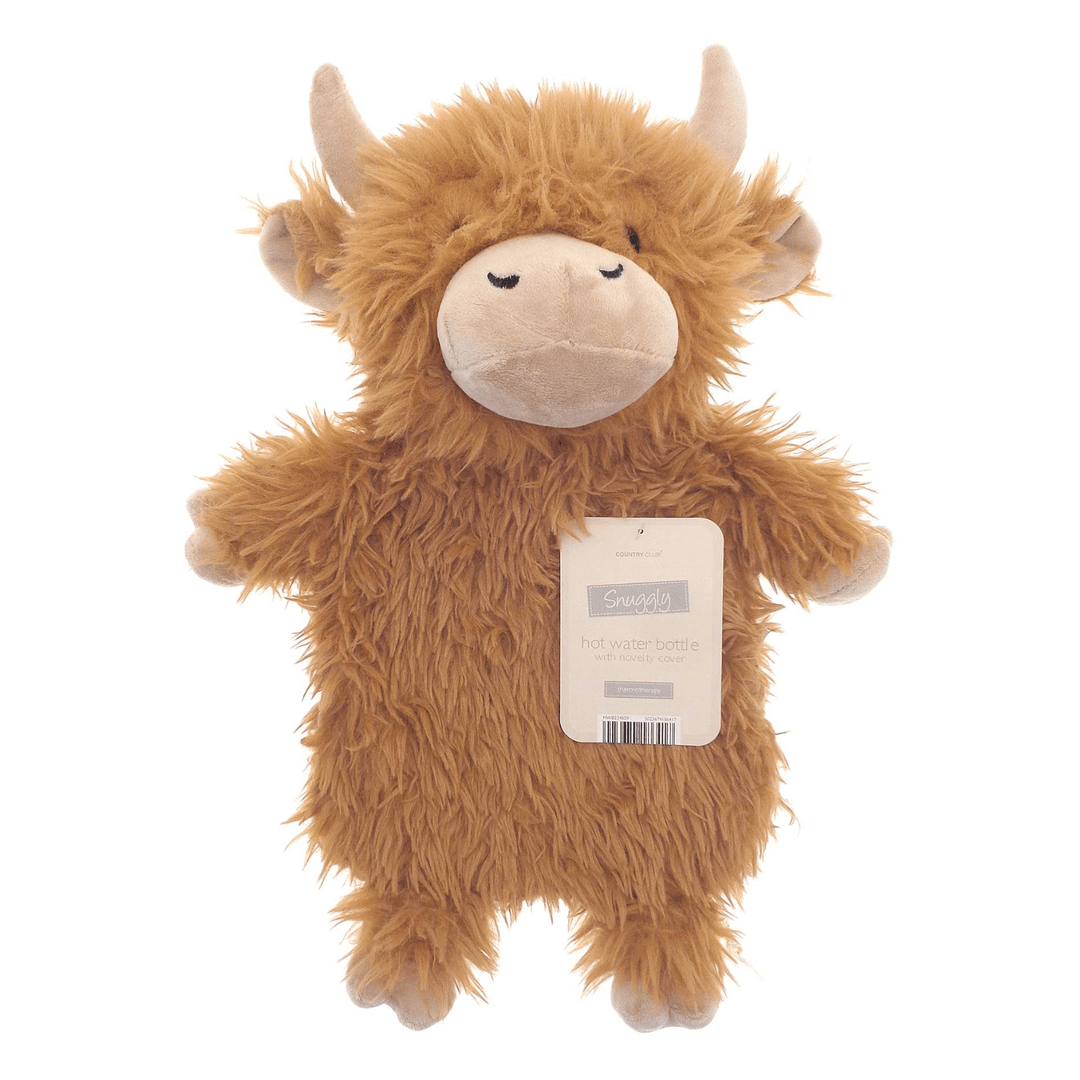 snuggly highland cow hot water bottle featuring plush horns and nose