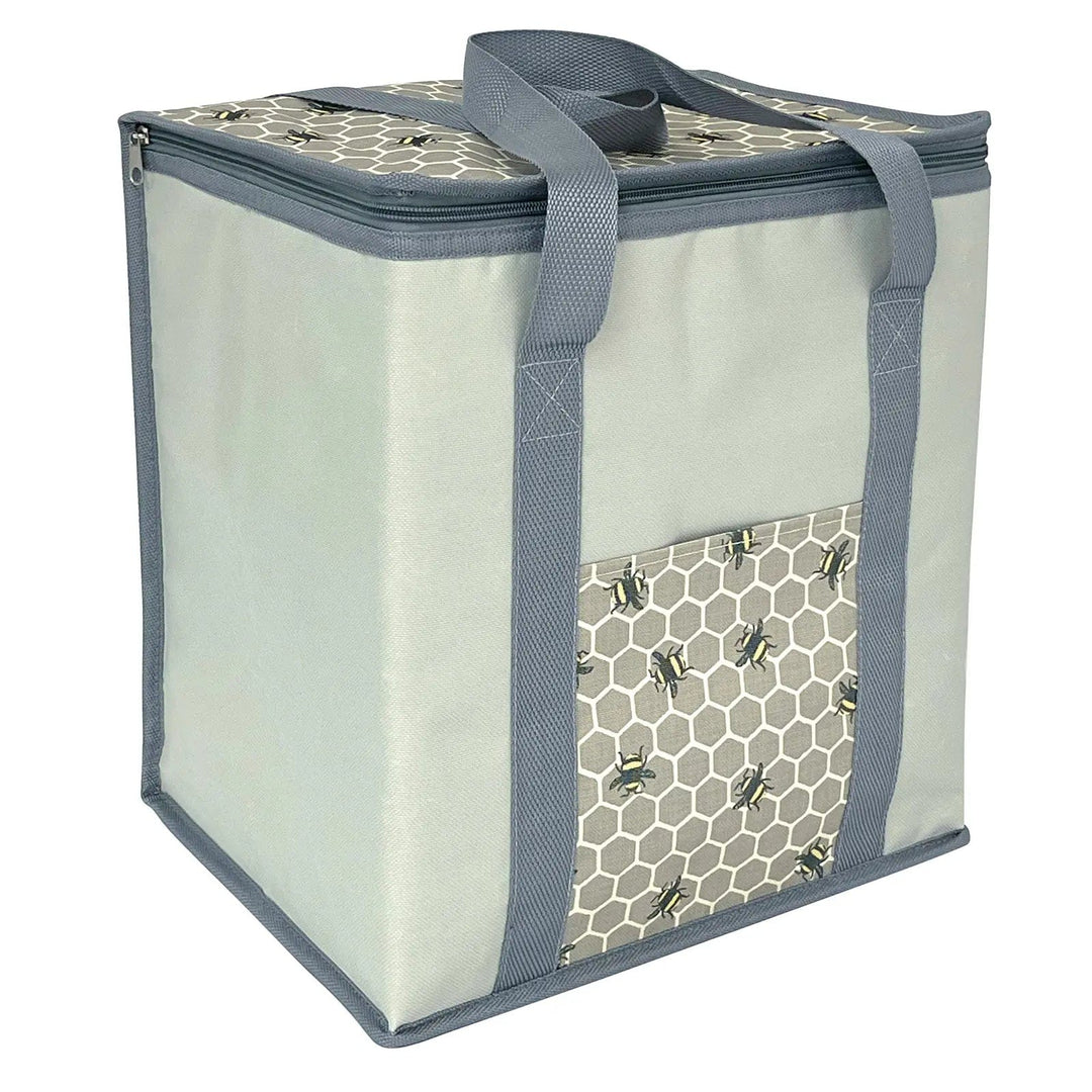 Jumbo cool bag in grey and beige with bumblebees and honeycomb print for picnics and travelling