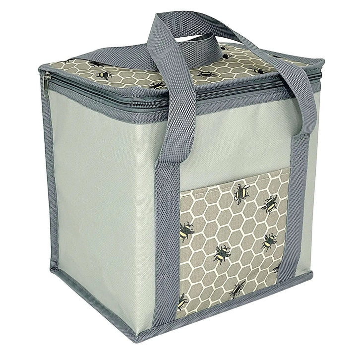 Large cool bag in grey and beige with bumblebees and honeycomb print for picnics and travelling