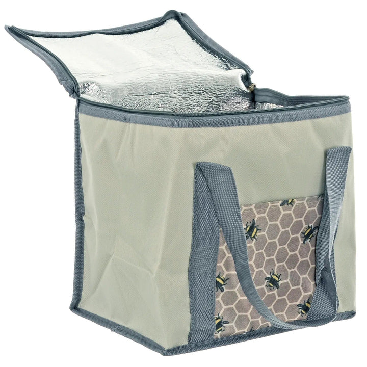 Bees print cooler bag open to show foil lining to keep food cool