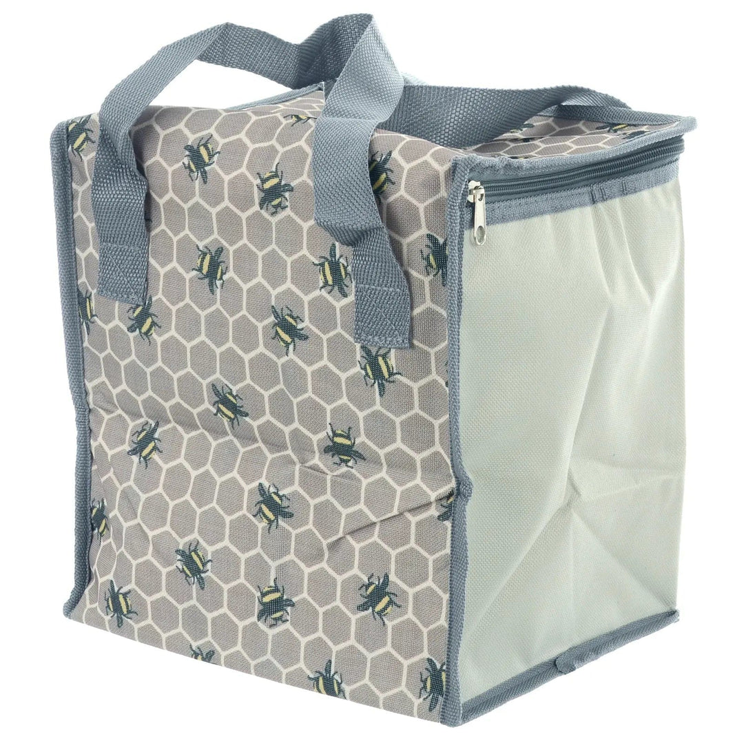 Back view of a bumblebee design cooler bag with handles and zip