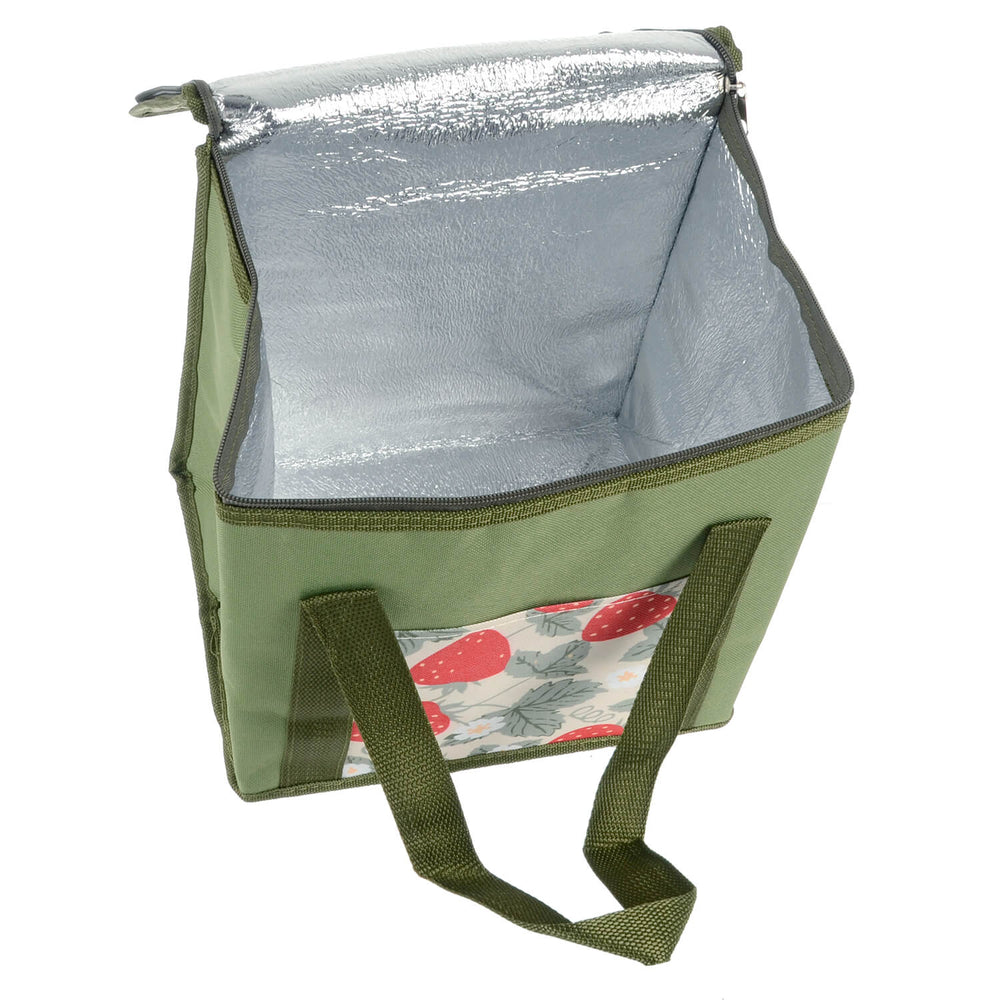 View inside an aluminium lined cooler bag with strawberry design