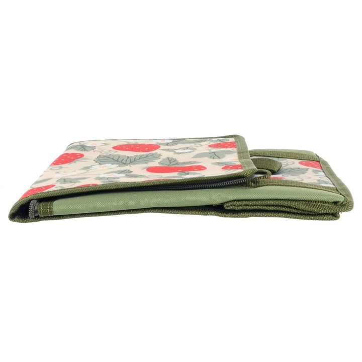 Strawberry pattern cooler bag folded flat for storage on a white background