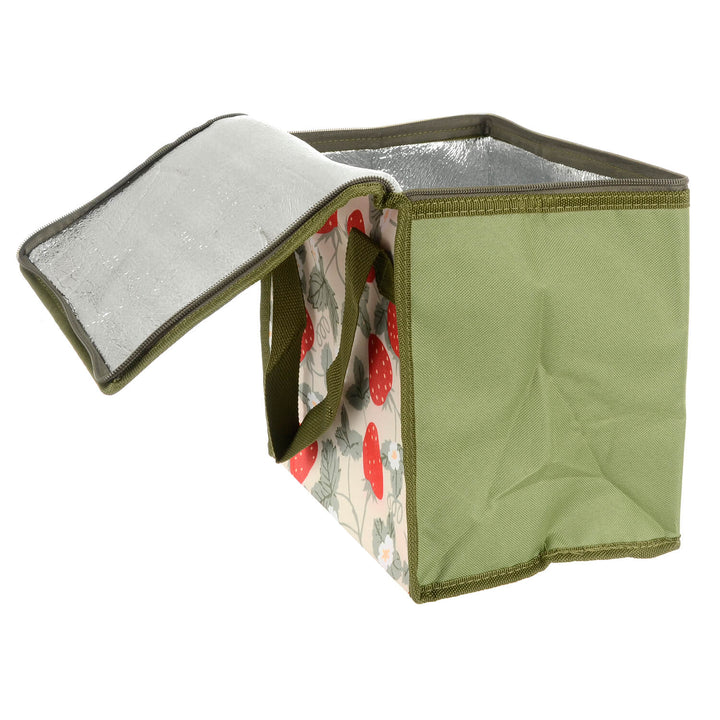 Green cooler bag with lid open to show silver foil liner