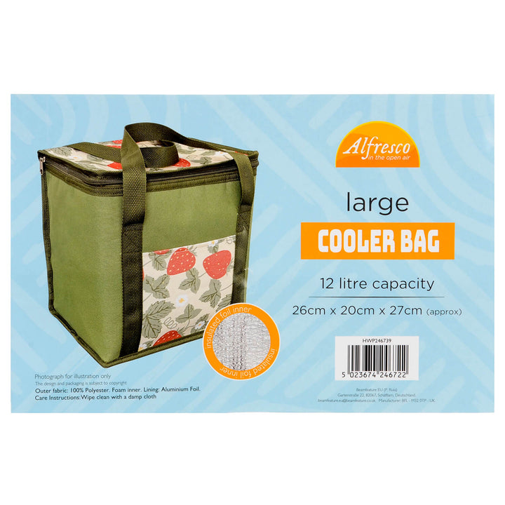 Label on packaging for a large cooler bag in green with strawberry pattern