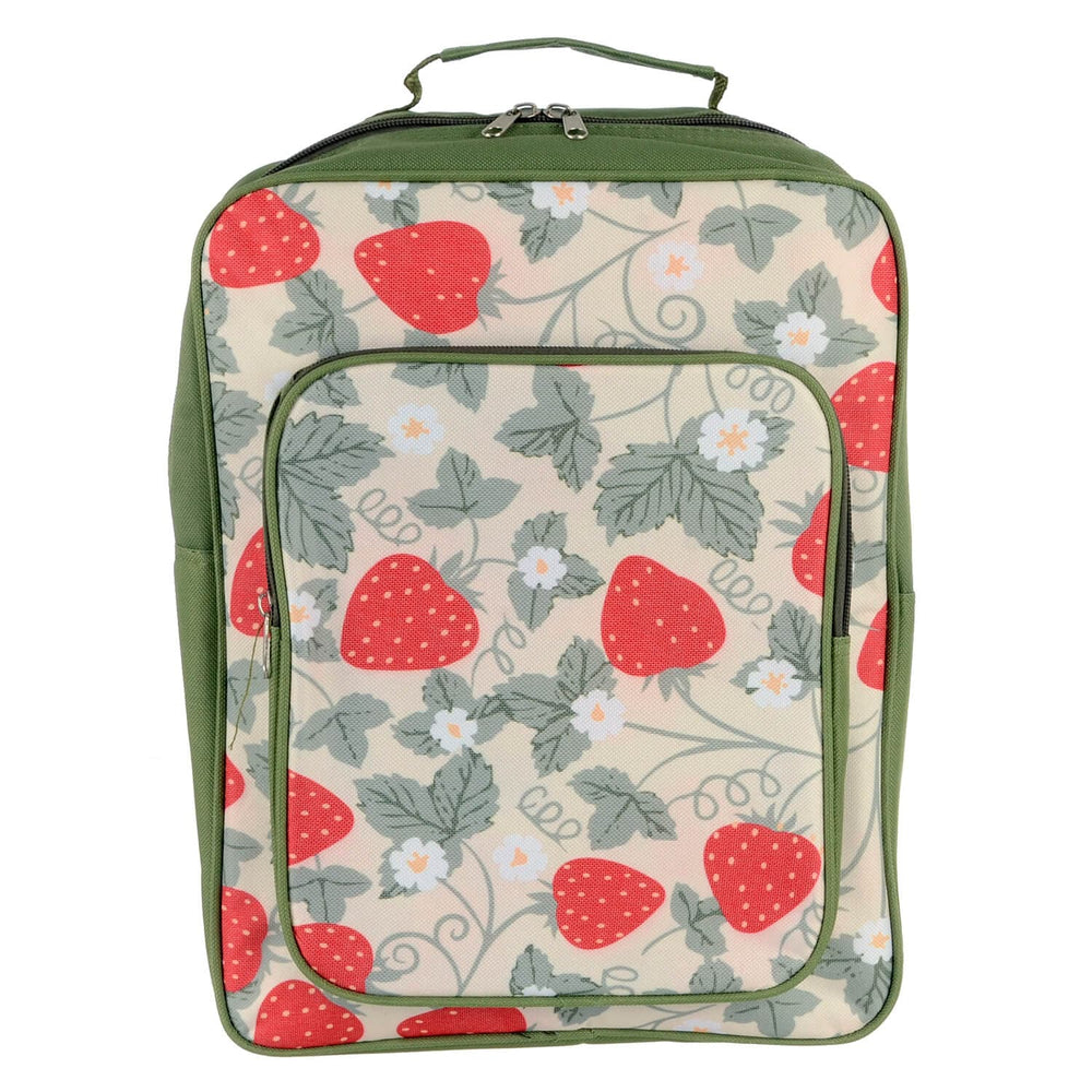Strawberry pattern backpack with green trim and handle on a white background