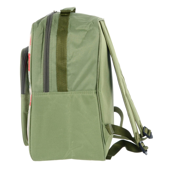 Side view of a green backpack cooler bag with shoulder straps on a white background
