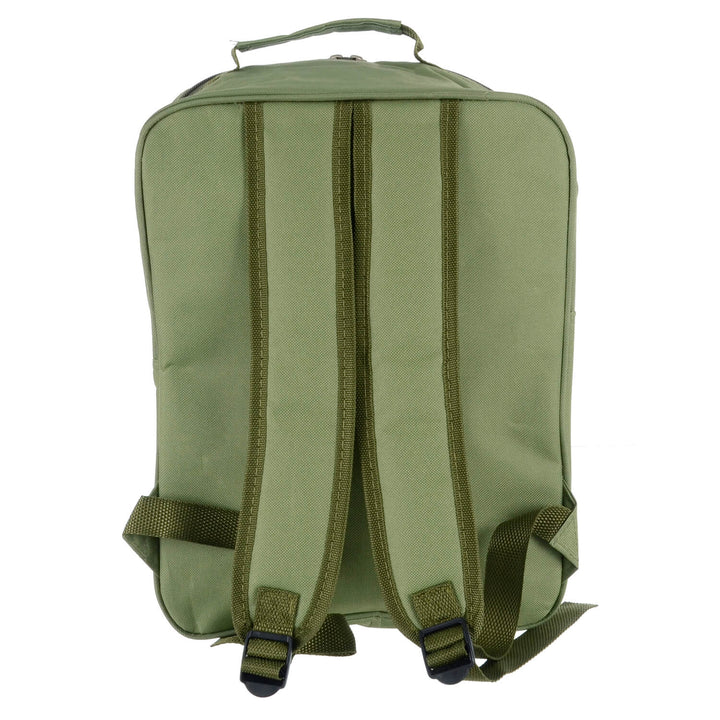 Back of a green backpack cooler bag showing shoulder straps on a white background