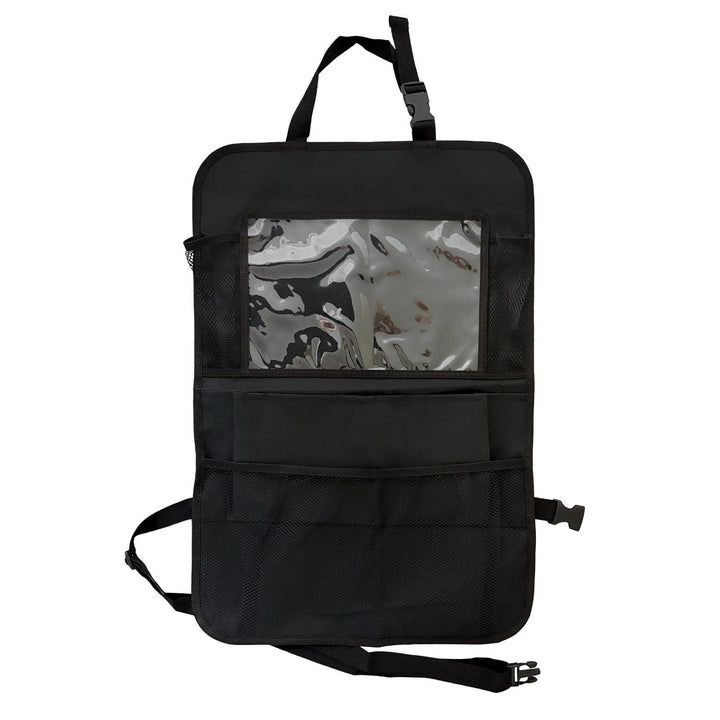 in car organiser with versatile pockets and adjutable straps on white background