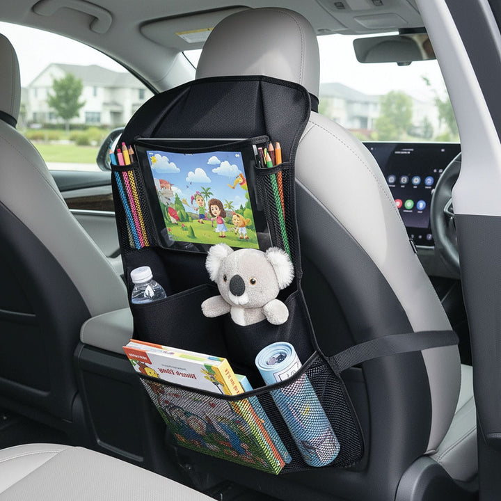 in car organiser over grey seat with soft bear, tablet, pencils and water bottle inside 