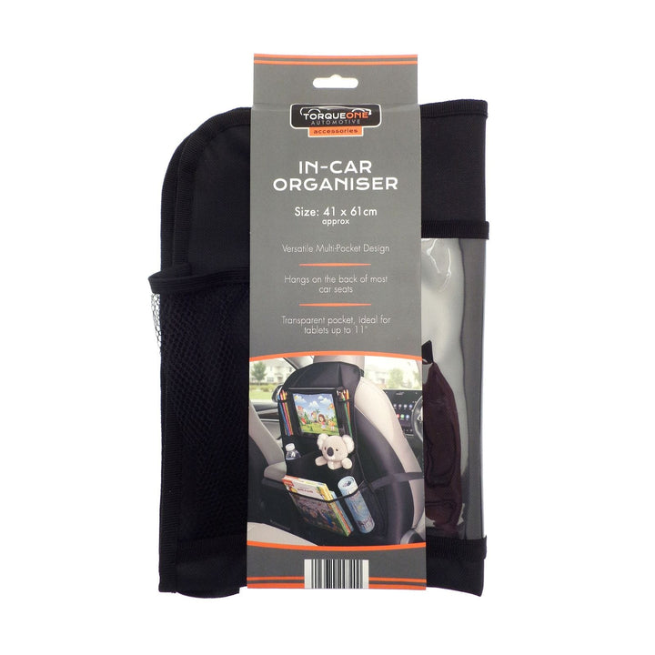 in car organiser in brand sleeve with features including multi pocket design, transparent pocket for tablets up to 11" on white background