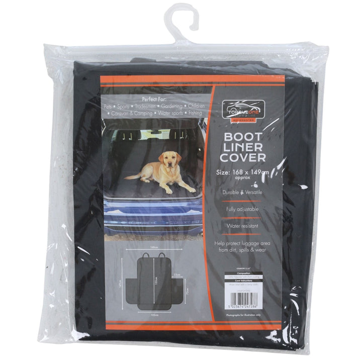 Packaged car boot liner cover with a dog on a vehicle in the background