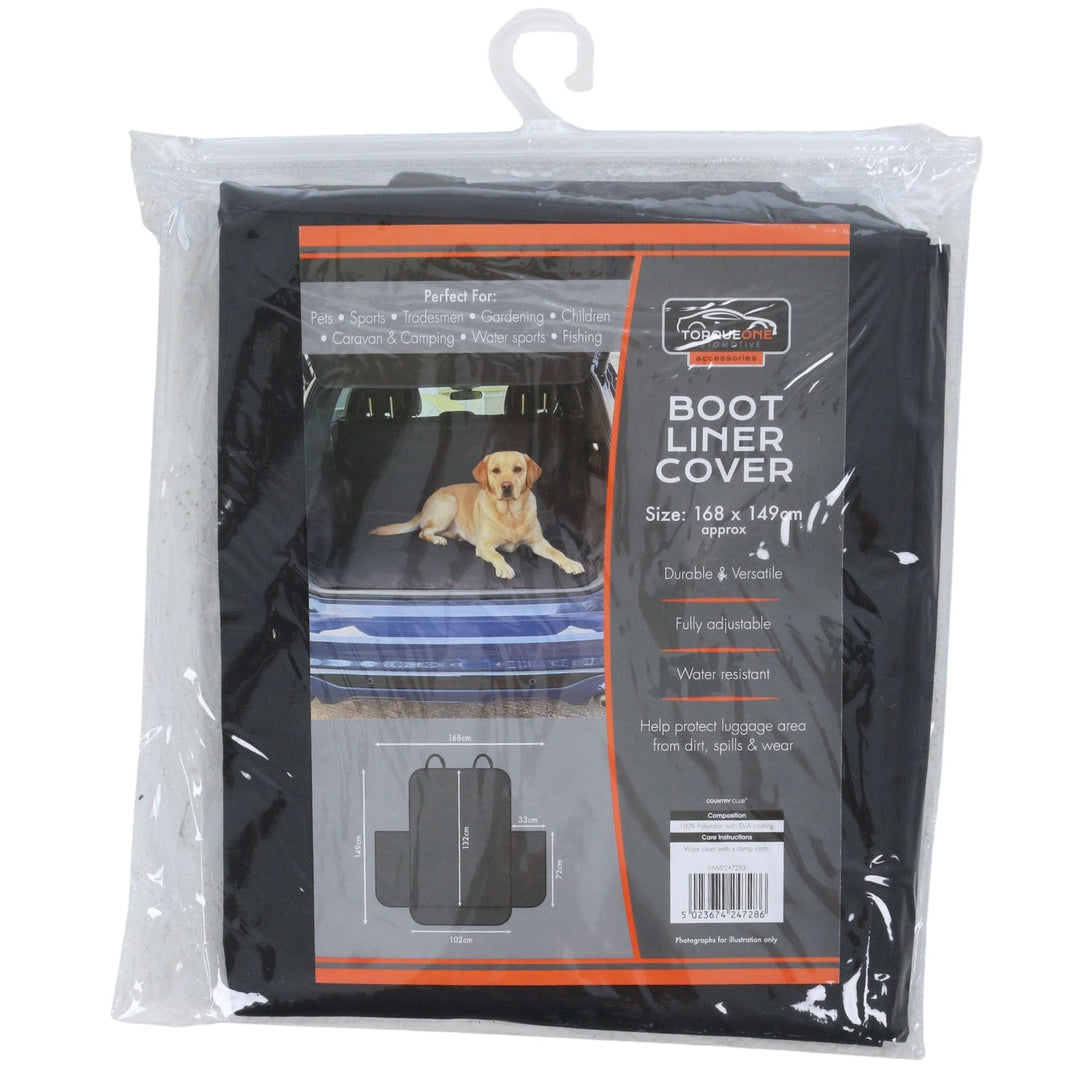 Packaged car boot liner cover with a dog on a vehicle in the background