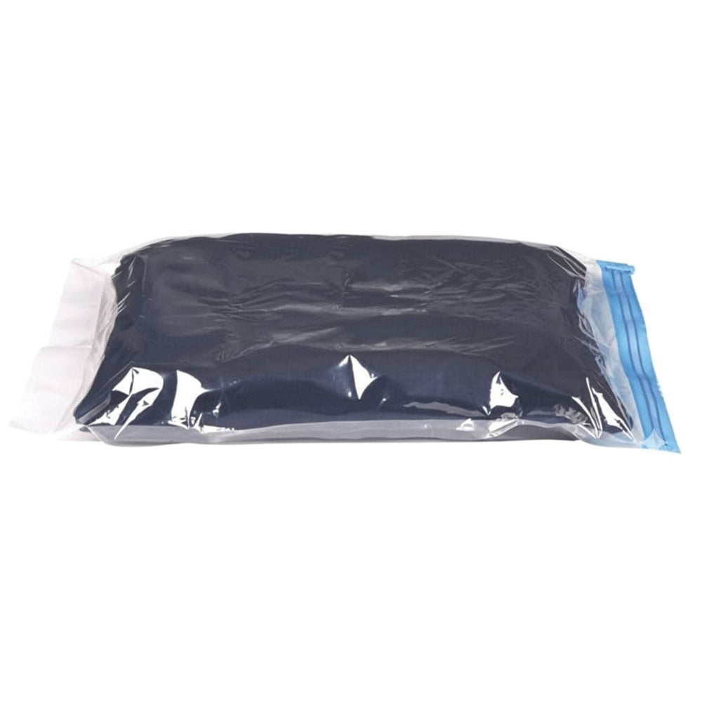 close up of compression bag with item placed inside and closed on white background