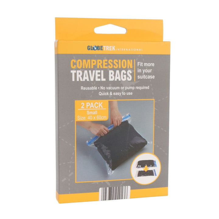 packaging of compression travel bags pack with images of how it works on white background