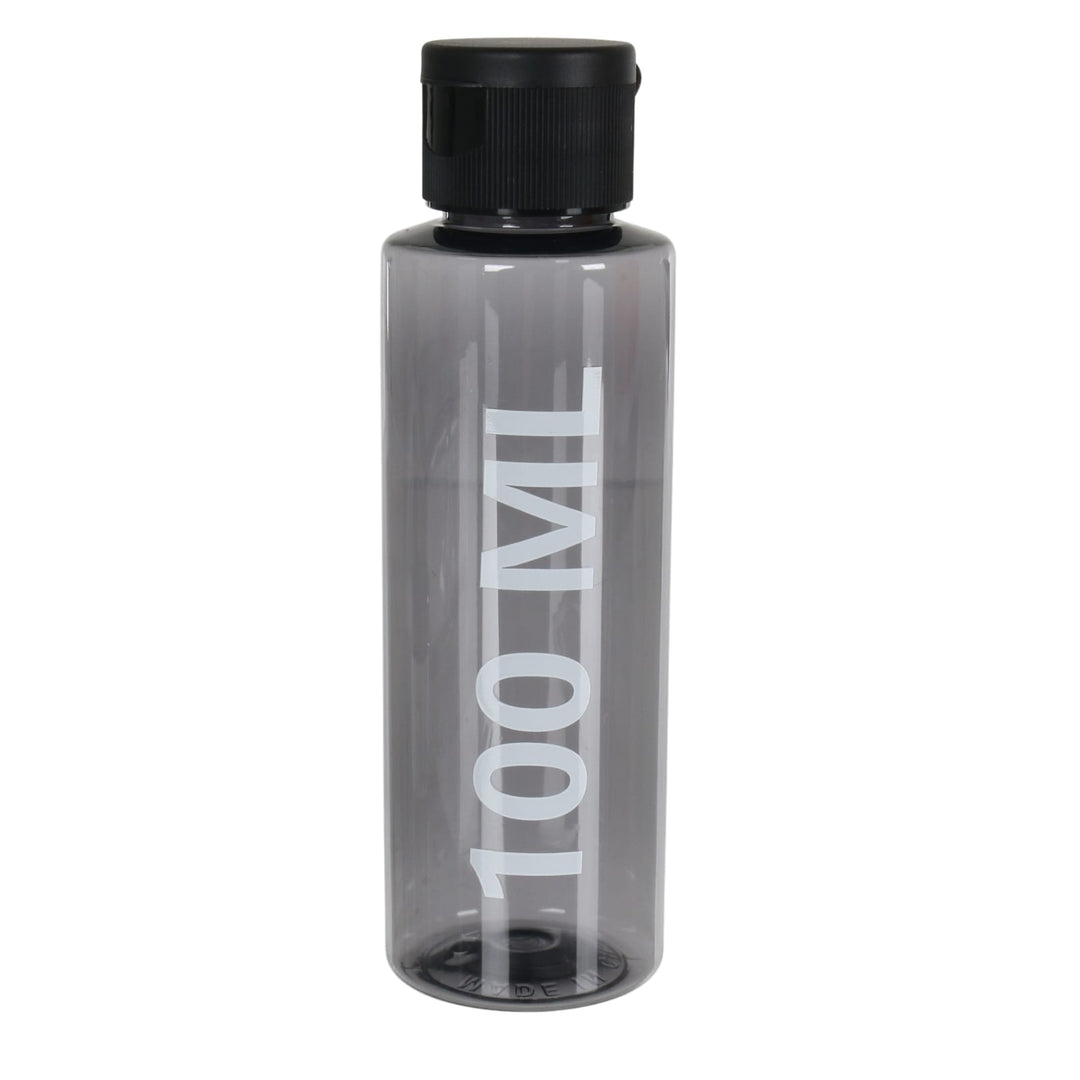 A 100 ml clear plastic water bottle with a black screw cap, featuring '100 ML' printed vertically in white on the front, set against a plain white background.