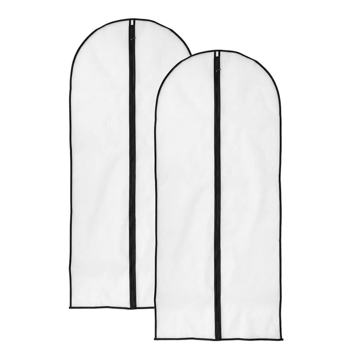 Two white zippered garment storage bags with black trim, shown on a plain white background.