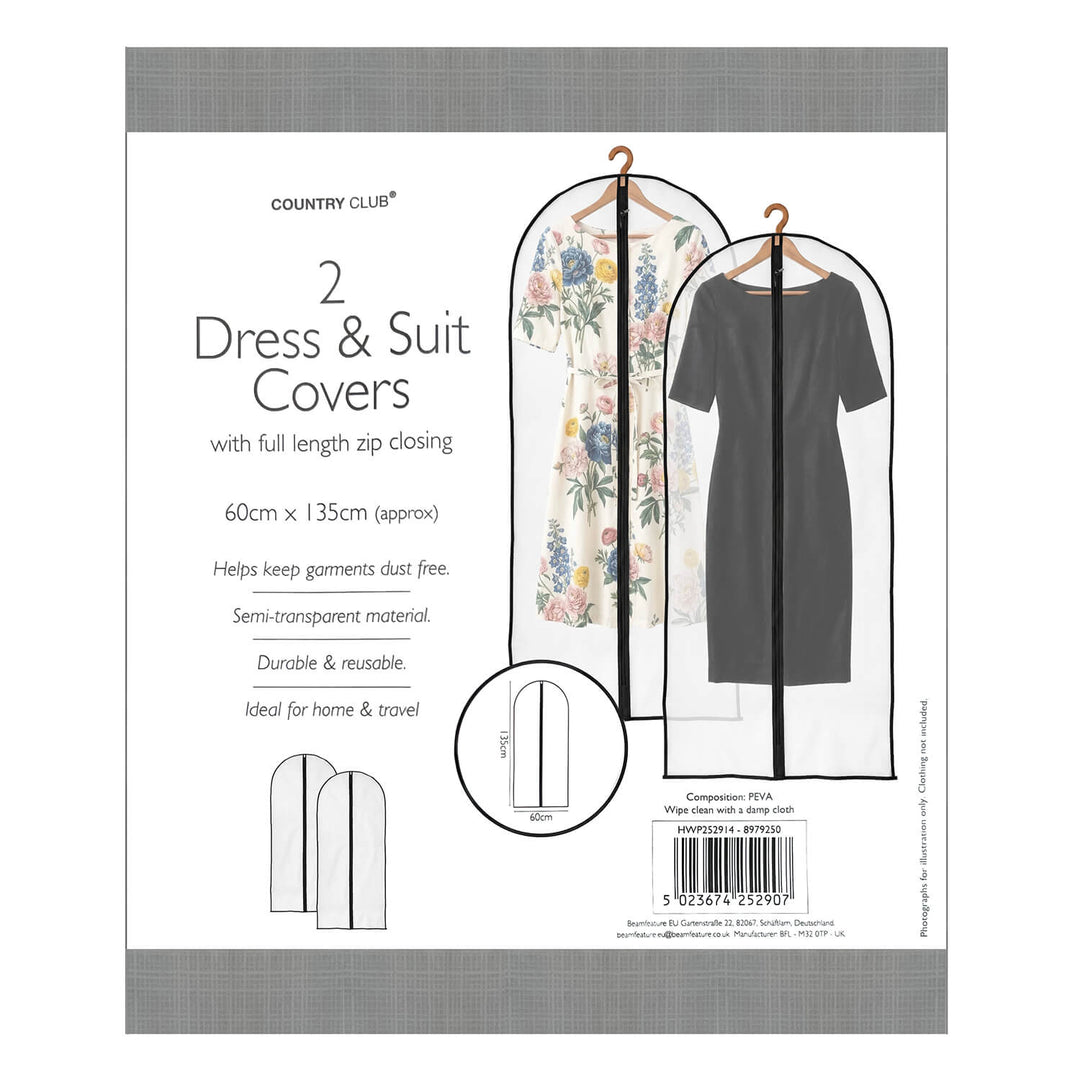 Country Club 2 Dress & Suit Covers with full length zip closure, shown on a white background with product details, dimensions, and a barcode.