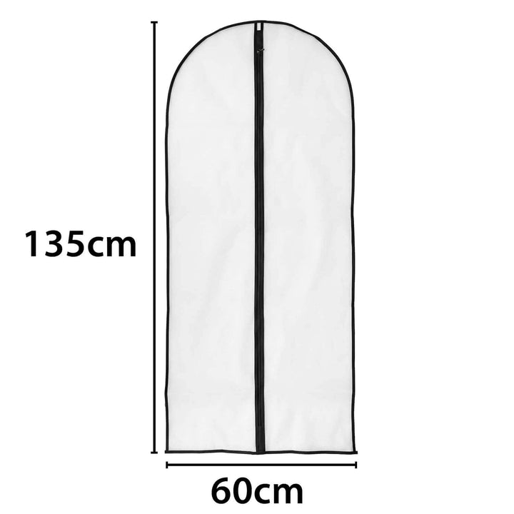 White garment storage bag with a black zipper, shown with dimension labels indicating 135 cm height and 60 cm width on a plain white background.