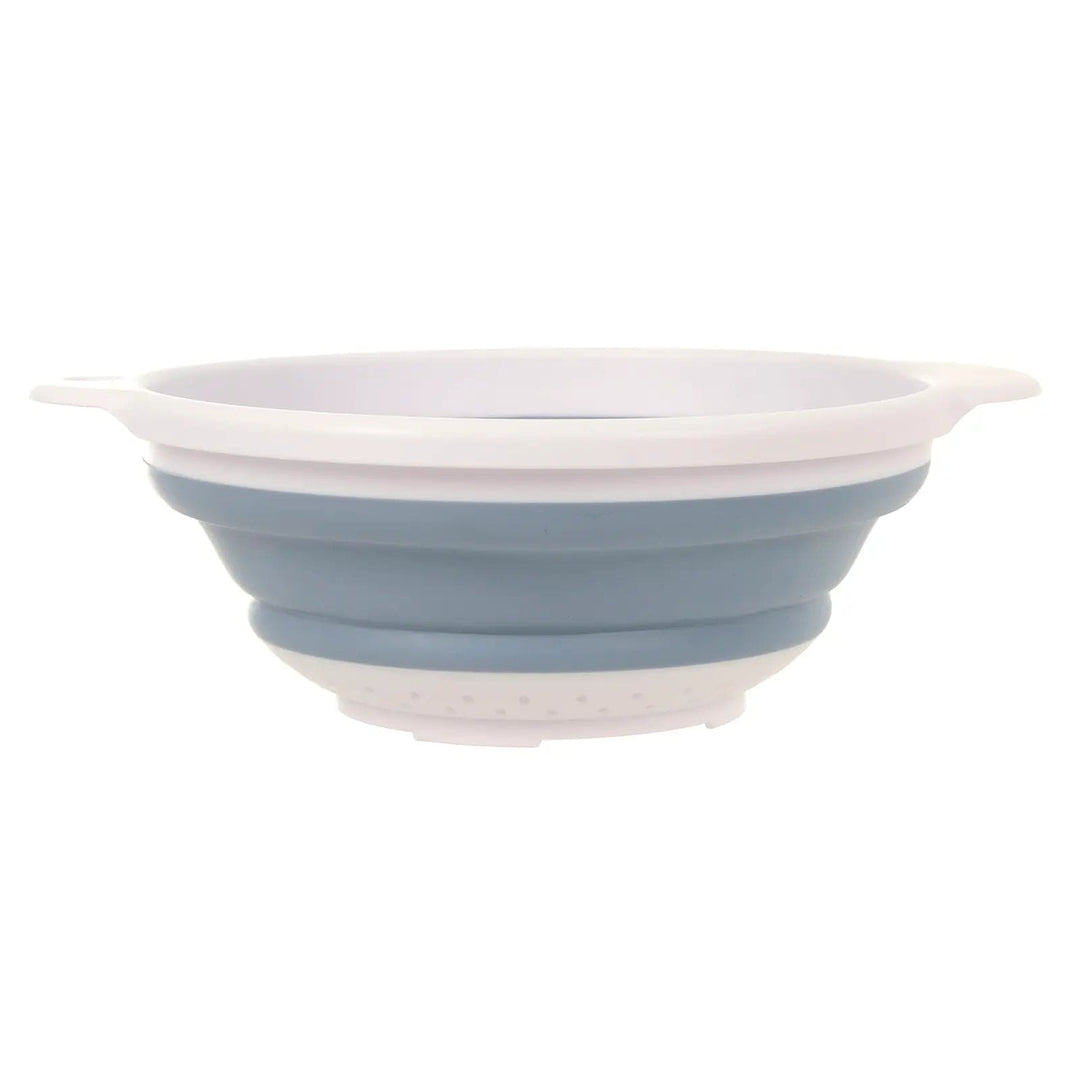 Side view of a grey and white folding colander ideal for small kitchens