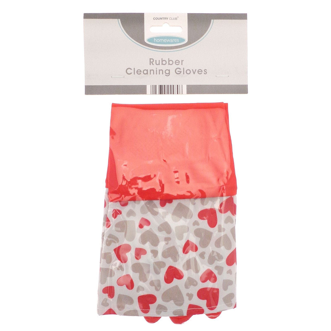 Pack of heart-patterned rubber cleaning gloves with a clear plastic cover on a white background.