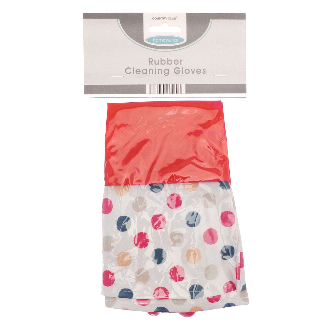 Packaged rubber cleaning gloves with polka dot pattern on a white background