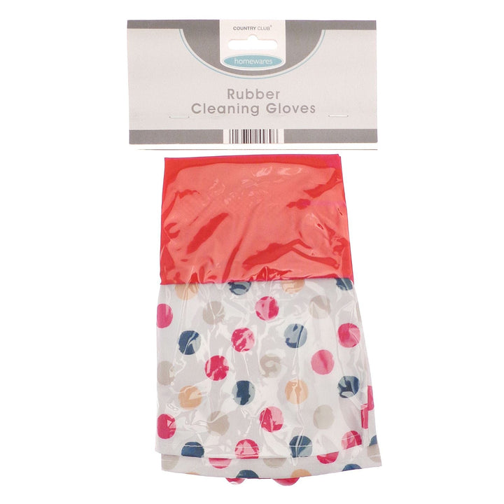 Packaged rubber cleaning gloves with polka dot pattern on a white background