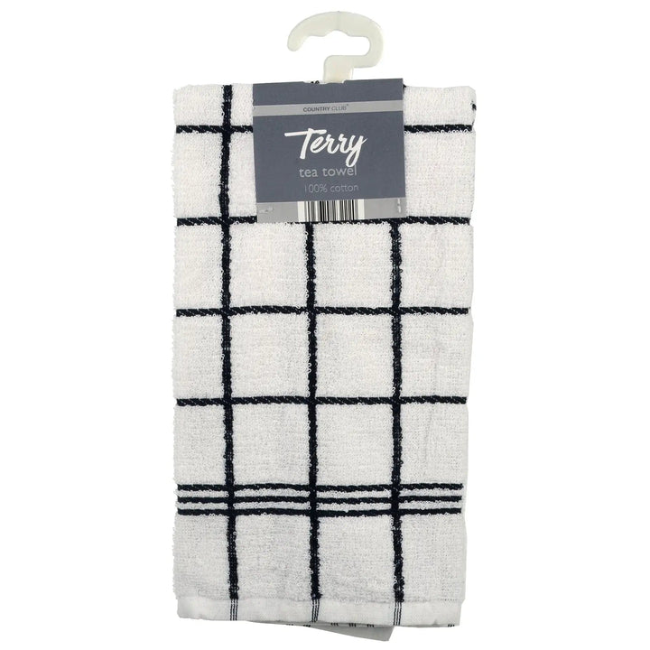 White 100% cotton terry tea towel in white with black lines