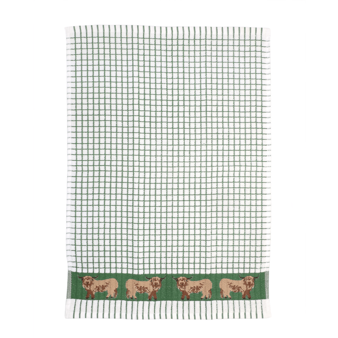 tea towel opened out to reveal green check pattern with border at the bottom featuring highland cow animals