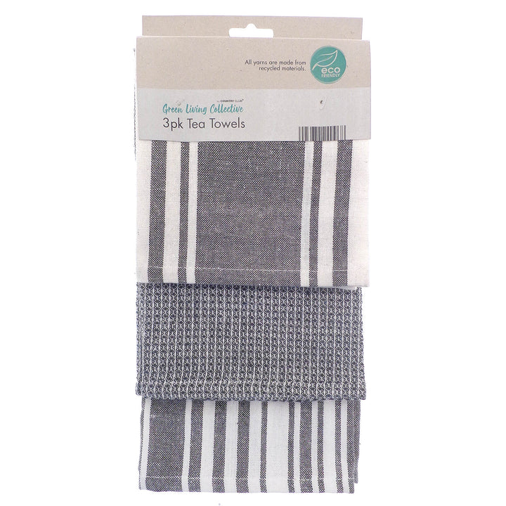 Eco Friendly Kitchen Tea Towels Striped Drying Cloths Pack Of 3 Grey