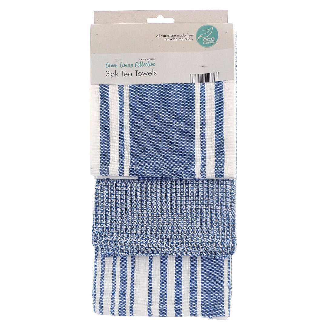 Eco Friendly Kitchen Tea Towels Striped Drying Cloths Pack Of 3 Blue