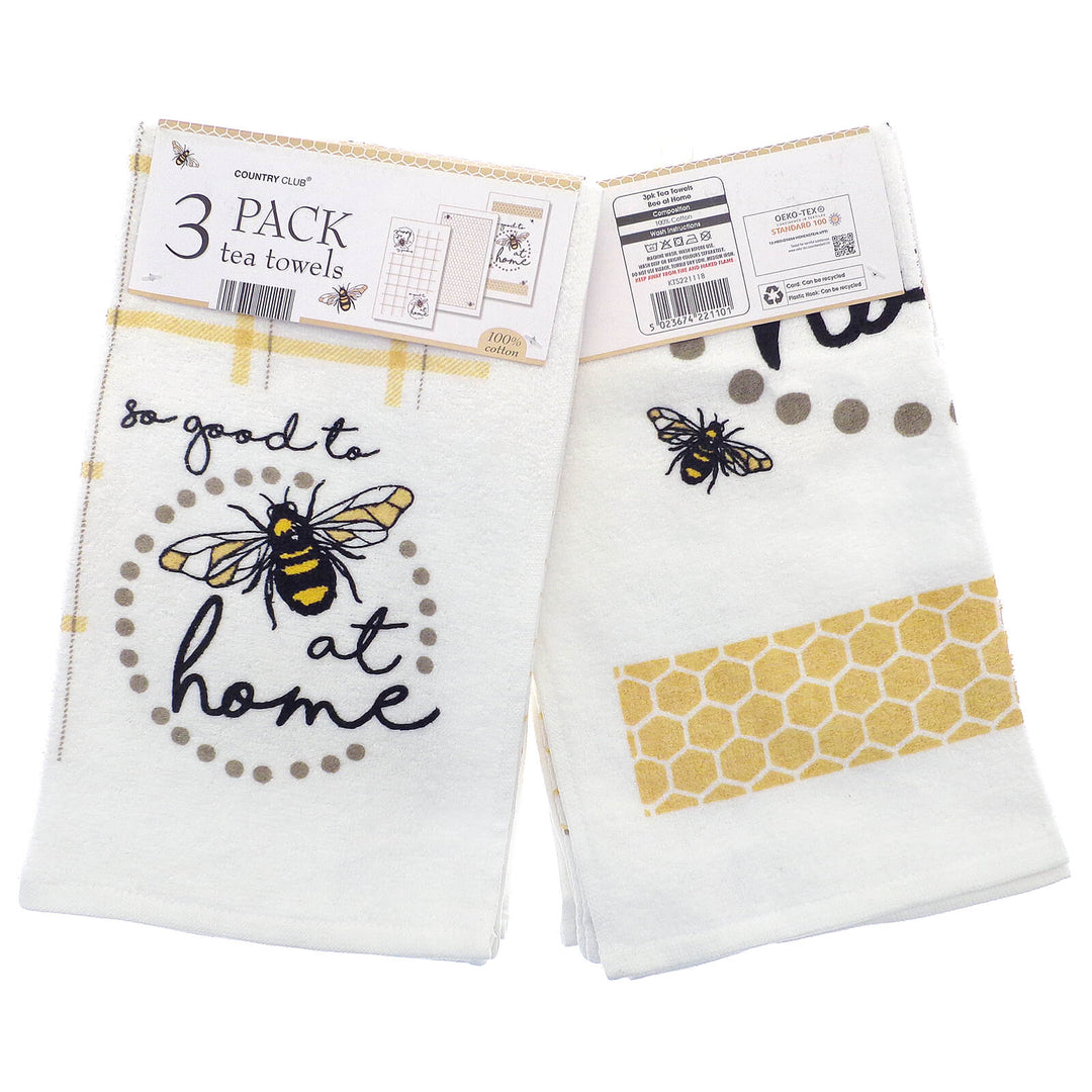 100% Cotton White Tea Towels Bee at Home Bumblebee Pack Of 3