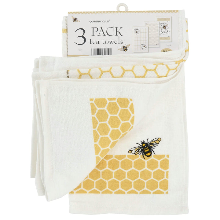 100% Cotton White Tea Towels Bee at Home Bumblebee Pack Of 3