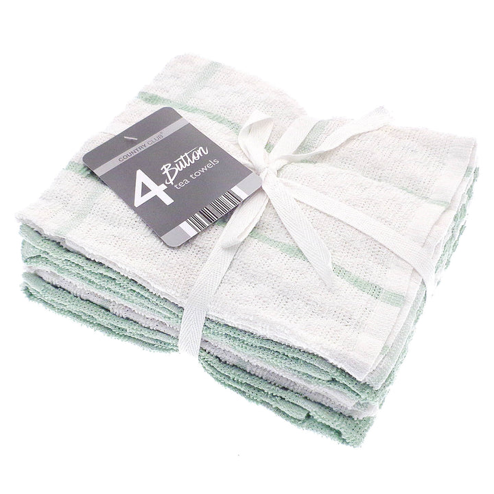 Button Terry Tea Towels Cotton Rich Dish Drying Cloths Pack Of 4 Green