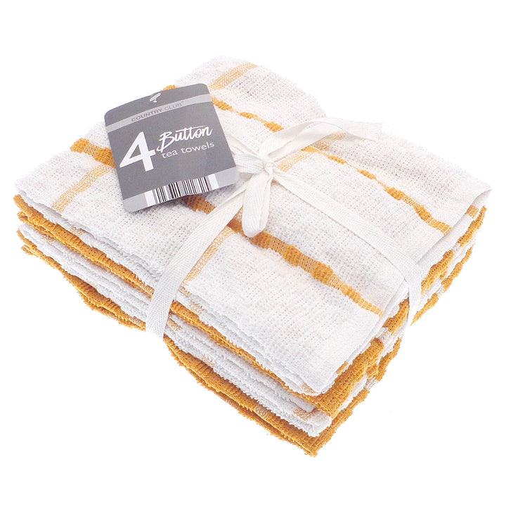 Button Terry Tea Towels Cotton Rich Dish Drying Cloths Pack Of 4 Mustard