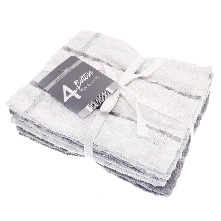 Button Terry Tea Towels Cotton Rich Dish Drying Cloths Pack Of 4 Grey