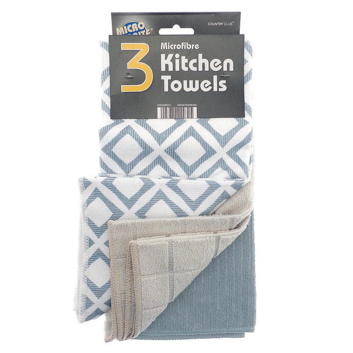 Pack of 3 microfibre kitchen towels, one with blue and white geometric pattern