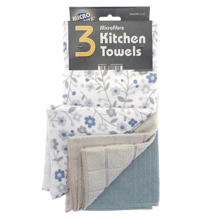 Pack of 3 microfibre kitchen towels for drying dishes, one with white, grey and blue floral pattern 